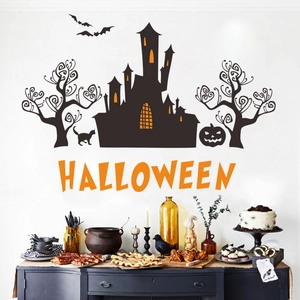 Halloween wall sticker set with black castle, bats, and orange text for room decor