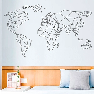 Minimalist black geometric world map wall sticker with polygon lines for modern home decor