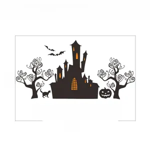 Halloween wall decal silhouette with castle and bats, size 80cm x 53cm for home decor