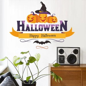 Halloween wall stickers featuring pumpkin lanterns and wizard hats for festive home decor