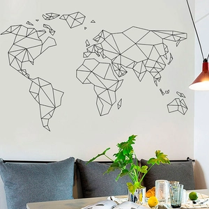 Modern black geometric world map wall sticker with minimalist triangular continent design