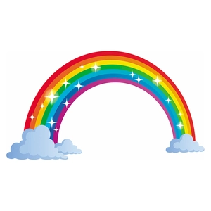 Flat vector illustration of a colorful rainbow with clouds and stars for wall decoration