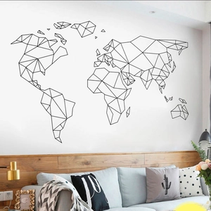 Modern geometric world map wall sticker with black low-poly lines for home office decor