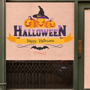 Halloween window decals featuring three pumpkins with wizard hats and festive bats