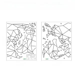 Layout detail showing geometric world map wall stickers with black polygonal line art