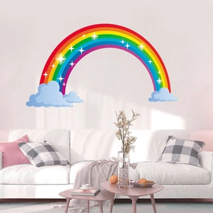 Colorful cartoon rainbow wall sticker with clouds for kids room decor on white wall