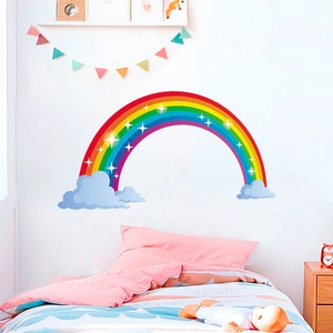 Colorful rainbow wall sticker with blue clouds for kids room nursery decoration