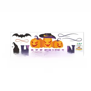 Detail view of PVC Halloween wall stickers showing pumpkin and witch hat with dimensions