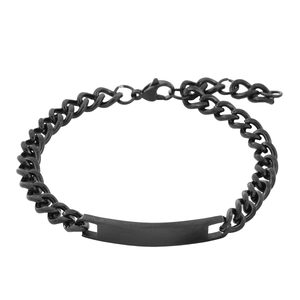 Polished matte black stainless steel Cuban link bracelet with engravable id plate