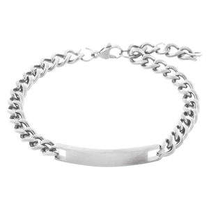 Sleek silver stainless steel curb chain bracelet with blank ID plate for engraving