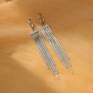 Macro view of silver stainless steel earrings with long tassel snake chains and round buckles
