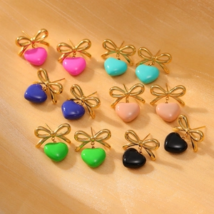 Mode Edelstahl Schleife Herz Ohrstecker Vergoldet Emaille Tropföl Bunte Herz Tropfen Ohrringe Für Damen Schmuck