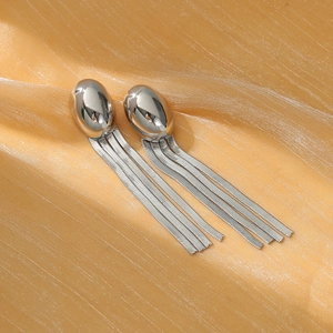 Polished silver stainless steel earrings with geometric oval studs and hanging snake chain tassels