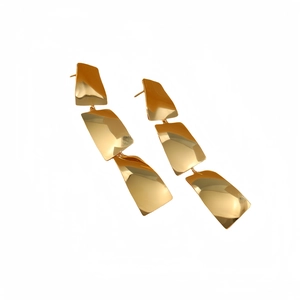 Chic three-tier irregular rectangle titanium steel tassel earrings in polished gold finish
