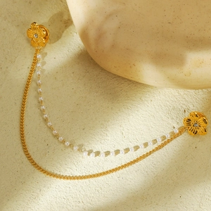 Broche de col en acier inoxydable avec fleurs, strass, perles et double chaîne dorée