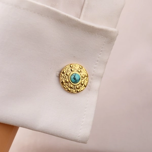 Luxurious turquoise cufflink for men made of gold-plated stainless steel with vintage texture