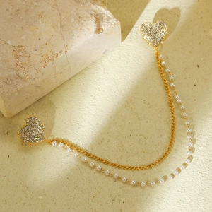 Spilla da Colletto a Cuore in Acciaio Inossidabile Con Catene di Strass e Künstliche Perle Sintetiche Placcata Oro per Donna