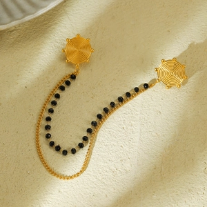 Épingle de Col Double Chaîne en Acier Inoxydable Vintage Pierre Naturelle Noire Géométrique Soleil Bijoux Décoratifs