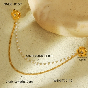 Broche double chaîne dorée avec perles et fleurs en strass, longueur de 14 à 17 cm