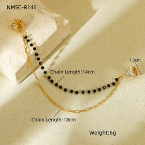 Broche cœur à double chaîne avec perles noires et placage doré, chaînes 14cm et 18cm