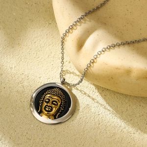Retro stainless steel round Buddha pendant necklace with gold embossed relief and silver chain