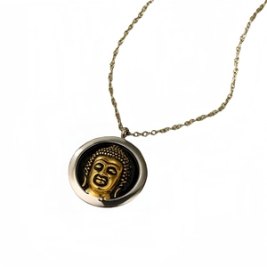 Retro stainless steel round Buddha head pendant necklace with two-tone gold and silver finish