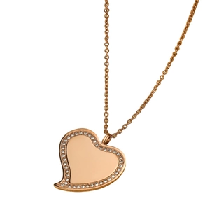 Collier cœur asymétrique en or rose avec bords sertis de diamants et chaîne fine en O