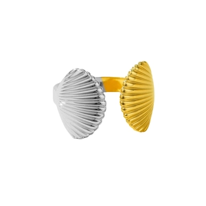 Anello aperto a conchiglia bicolore in oro 18 carati e argento con dettagliate trame radiali