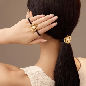 Vintage sunflower pearl hair tie with gold metal flower and black elastic rope for women