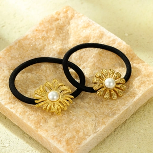 Vintage Stainless Steel Sunflower Artificial Pearl Hair Tie For Women Gold Floral High Elastic Hair Rope Fashion Hair Jewelry