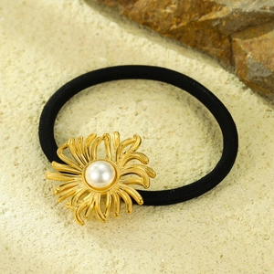 Retro stainless steel sunflower hair tie with faux pearl on elegant elastic band