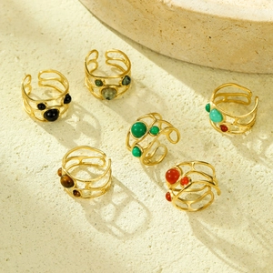 Anello Aperto in Acciaio Inossidabile Placcato Oro 18K Vintage per Donna Regolabile con Pietra Naturale Gioielli Dito