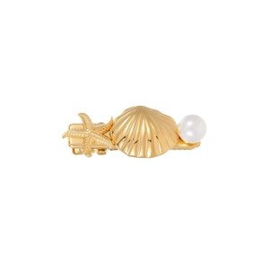 Barrette dorée thème marin avec étoile de mer, coquillage et perle sur fond blanc