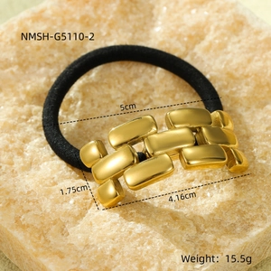 Elastic black hair tie with gold geometric chain square charm in stainless steel