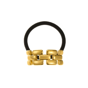 Elegant 18K gold plated geometric hair tie with high elastic black cord on white background