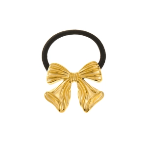 Elegant gold bow-shaped titanium steel hair tie with black elastic band on white background