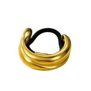 Sleek gold stainless steel hair tie with curved texture and high-elastic black cord