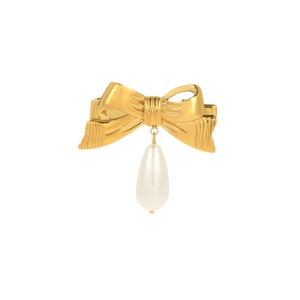Elegant gold bow hair clip with white teardrop pearl pendant in polished stainless steel