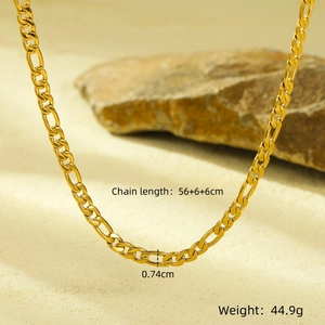 Detail of 18K gold plated Figaro chain showing 0.74cm width and technical dimensions