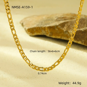 Detail showing 56cm 18K gold plated Figaro chain necklace with size measurements
