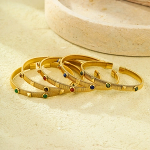French vintage gold stainless steel open bangles with colorful zircon stones and textures