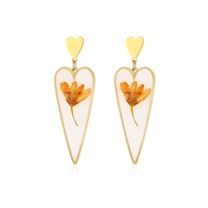 Golden heart drop earrings with white resin and orange dried flowers on white background
