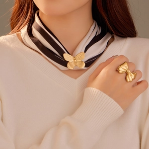 Elegant Stainless Steel Butterfly Scarf Buckle Dual Use Ring Gold Fashion Bowknot Jewelry Accessory For Women Gift