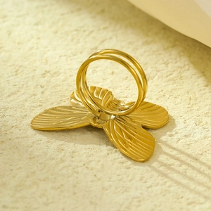 Elegant gold bow-shaped double band stainless steel ring with textured butterfly design
