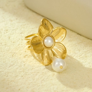 French vintage gold flower ring with baroque pearl drop pendant for women