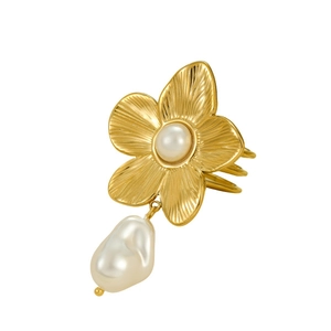 Golden flower earring with baroque pearl pendant and polished textured petals