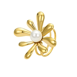 Elegant gold flower ring with center pearl and double-band stainless steel design