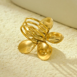 Detailed back view of gold-plated petal scarf ring showing triple band structure