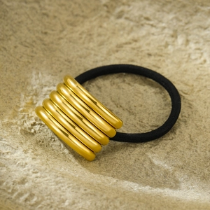 Minimalist multi-layer gold metal hair ring with high-elastic black ponytail band