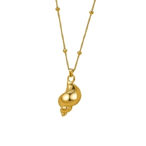 Minimalist gold conch pendant necklace in polished stainless steel on white background
